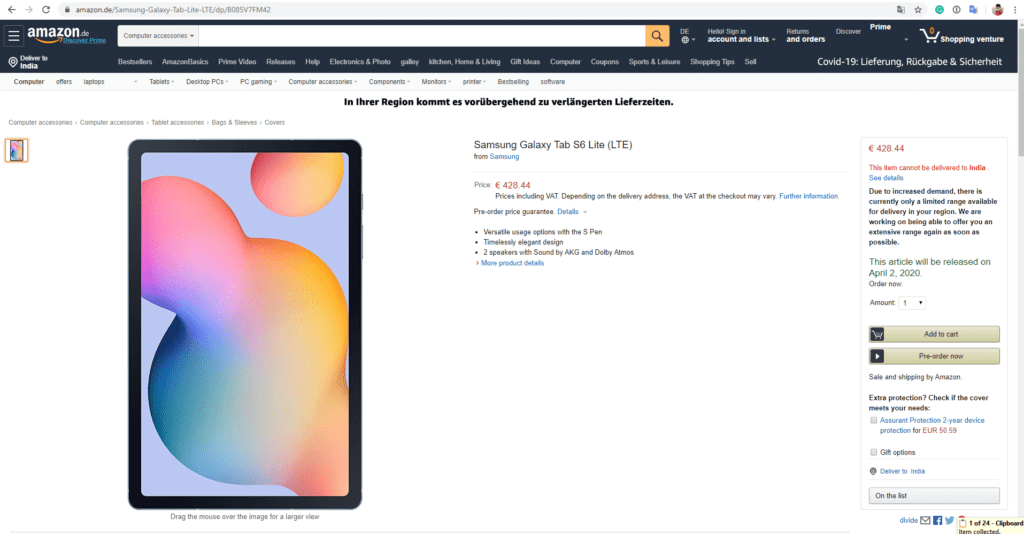 Amazon Listing reveals Samsung Galaxy Tab S6 Lite specs